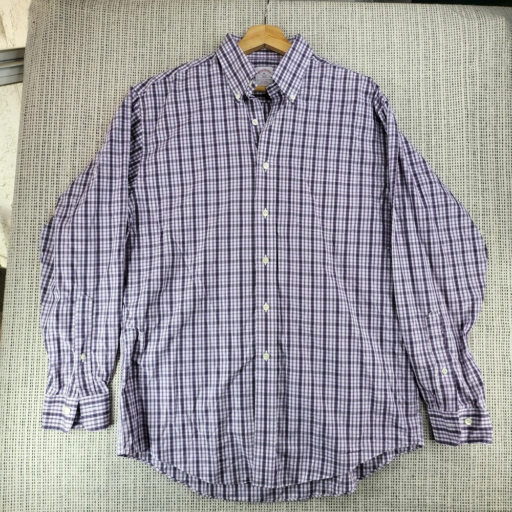 Brooks Brothers 346 Shirt Mens Medium Purple‎ Plaid Non-Iron Cotton Button Down